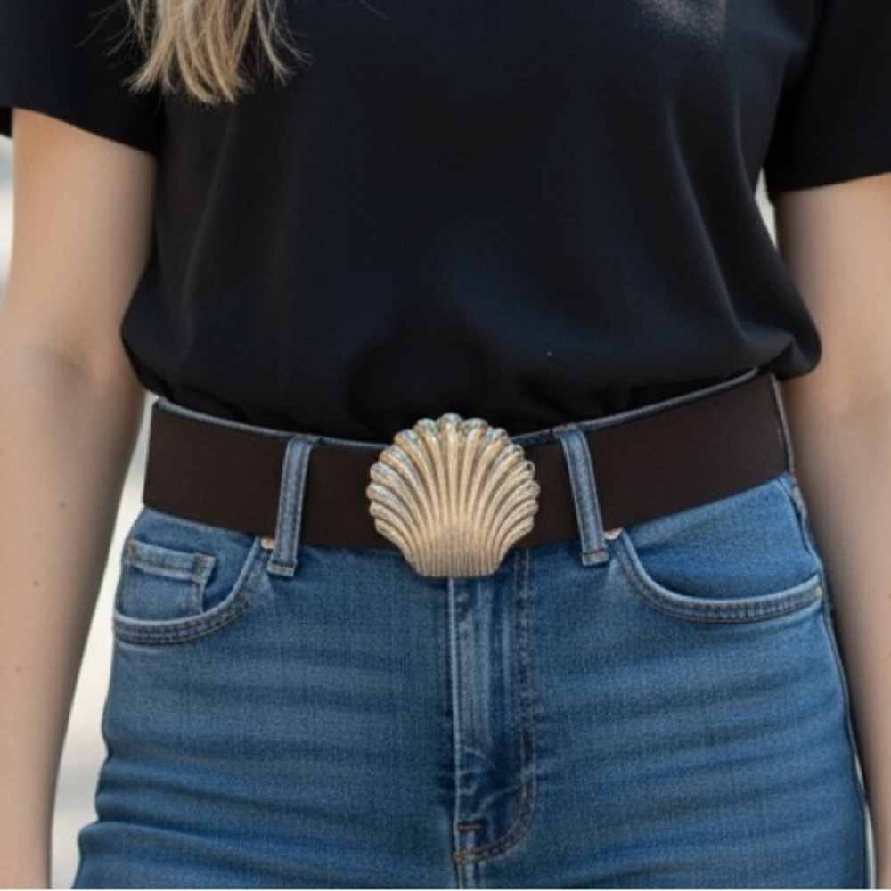 Vintage Gold Tone Metal Seashell Brown Elastic Stretch Belt 80s 90s